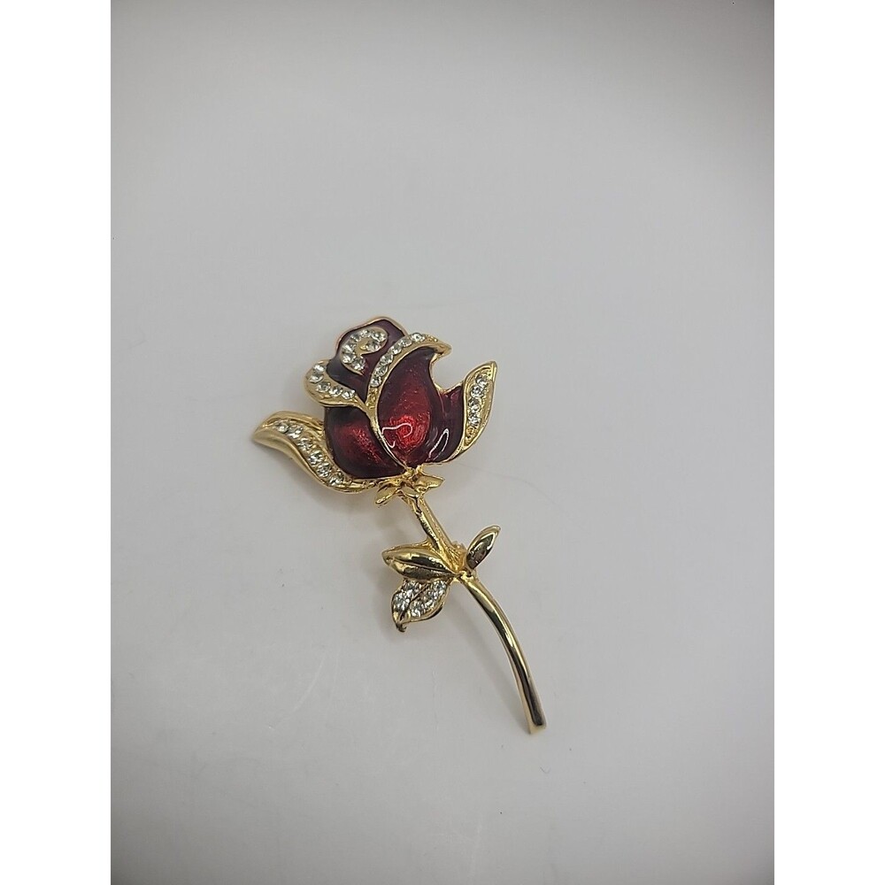 Vintage Brooch Pin Rose‎ Flower Gold Tone Crystals Jewelry Costume